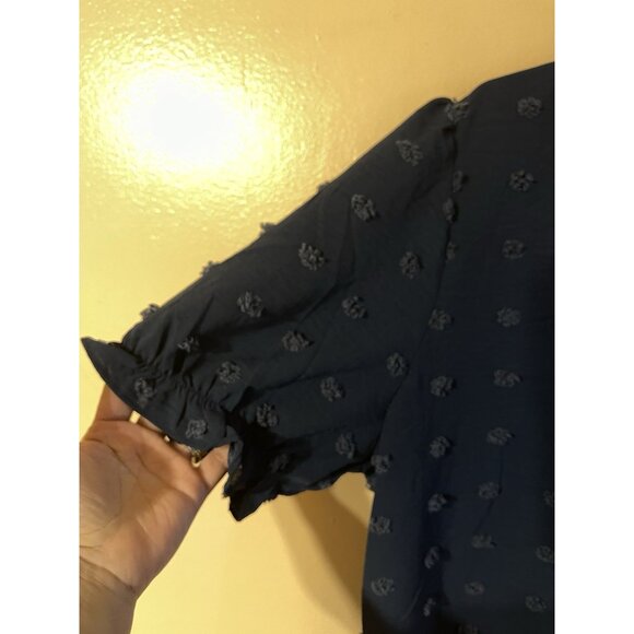 Merokeety Womens Blouse Navy Swiss Pom Pom Dot Short Sleeve Tunic Top Size L - Picture 6 of 13
